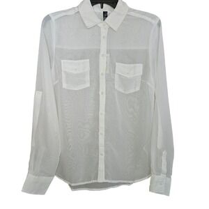 LunaChix Sheer Mesh Button Down Shirt Top Womens Small White Roll Tab Utility